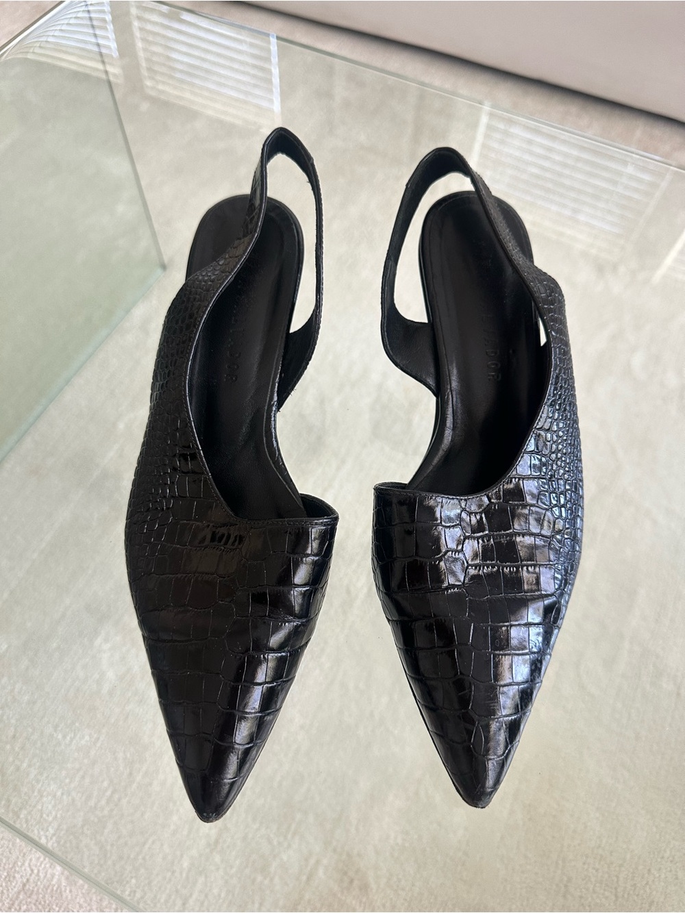 Freda Salvador Black Croc-Embossed Pointed Slingback kitten heel - Women